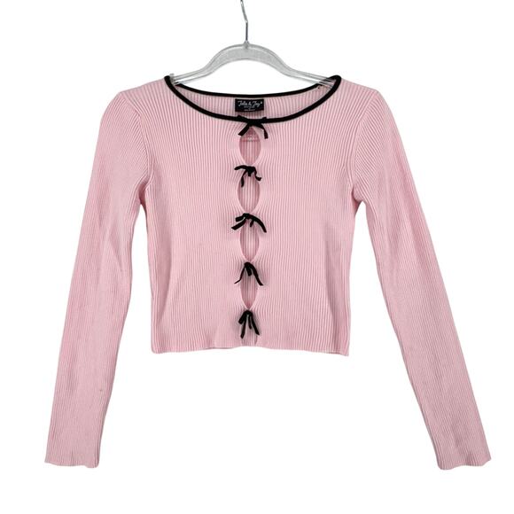 Pink Bow Front Ribbed Knit Top Long Sleeve Coquette Balletcore Parisian S - Picture 1 of 5